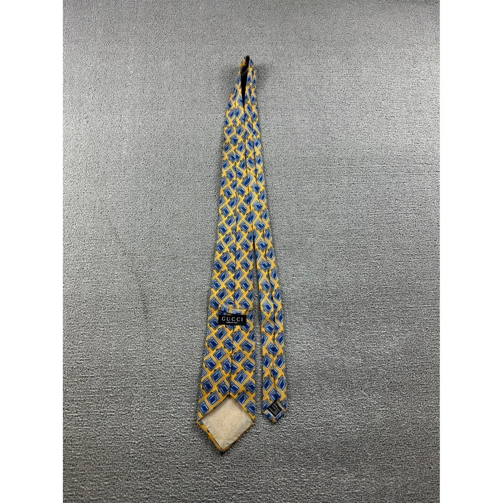 Vintage Gucci Tie Men Yellow Blue Geometric Diamond 100% Silk Italy Made Preppy‎